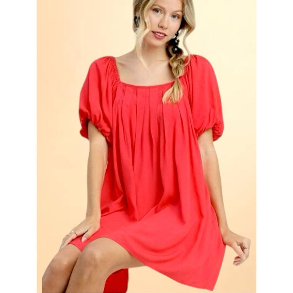Umgee Corol Red Puff Sleeve Mini Dress Square Neck Babydoll Flowy Medium NWT